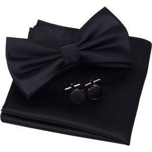 Mens Double Fold Pre-tied Bow Tie Pocket Square Cufflink Set with Gift Box
